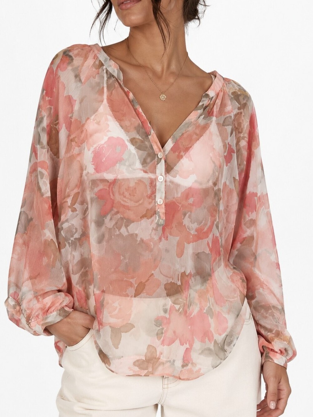 New York & Company Women's Sheer Floral Blouse Size Large Pink Peach Watercolor